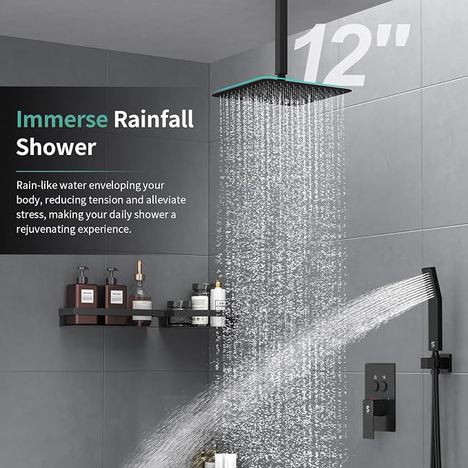 SR SUN RISE Ceiling Mounted Shower System with Push Button Diverter, Luxury 12 Inch Rain Shower Head with Handheld Spray, High Pressure Shower Faucet Combo Set with Rough-in Valve, Matte Black