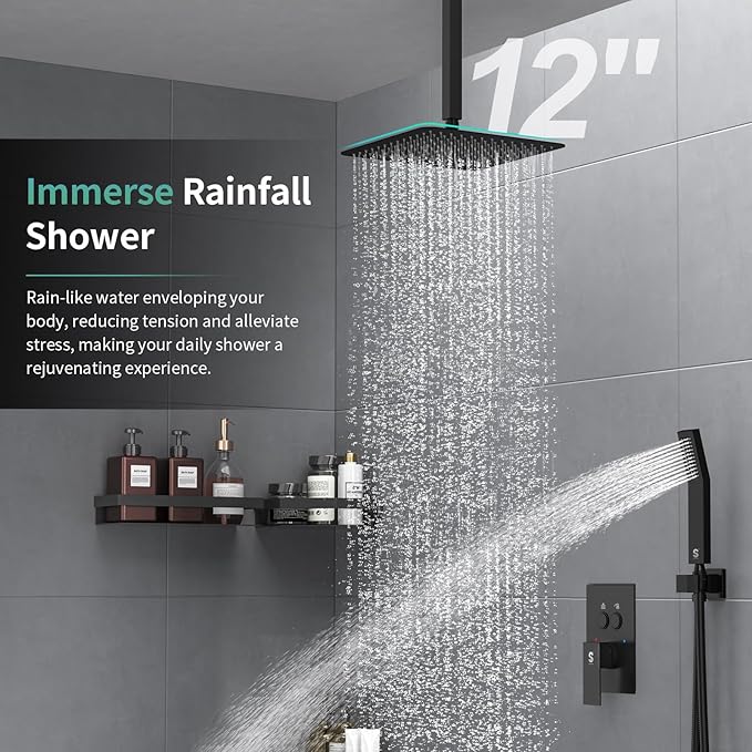 SR SUN RISE Ceiling Mounted Shower System with Push Button Diverter, Luxury 12 Inch Rain Shower Head with Handheld Spray, High Pressure Shower Faucet Combo Set with Rough-in Valve, Matte Black