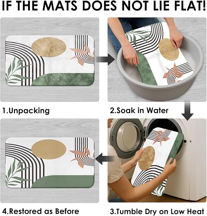 Bathroom Sets with Shower Curtain and Rugs, 4 Pcs, Boho Green | Minimalist Modern Abstract Bathroom Decor Set with Toilet Lid Cover, Non-Slip Bath Mats and 12 Hooks