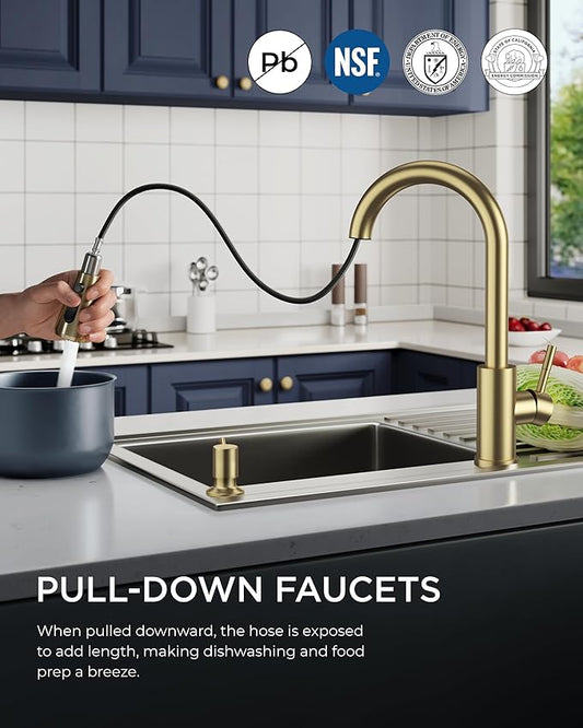 FORIOUS Gold Kitchen Faucet with Soap Dispenser, Single Handle Stainless Steel Transitional Sink Faucet with Pull Down Sprayer 1 or 3 Hole, Suitable for Farmhouse Laundry Camper RV Bar