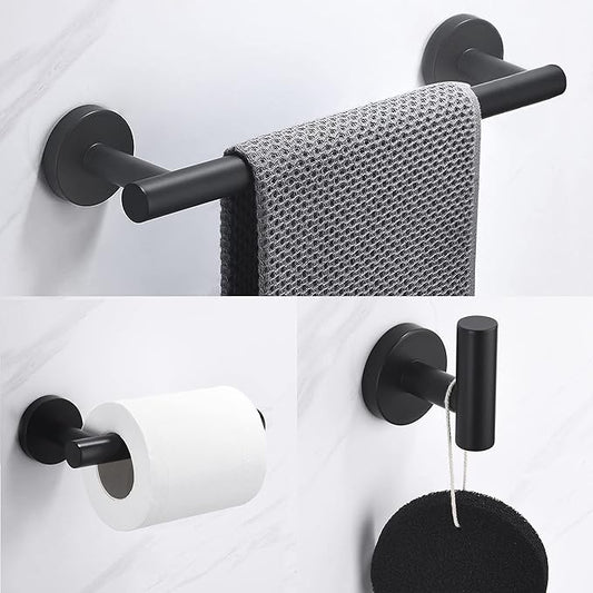 Nolimas 3-Pieces Set Matte Black Bathroom Hardware Set SUS304 Stainless Steel Round Wall Mounted - Includes 12" Hand Towel Bar,Toilet Paper Holder, Robe Towel Hooks,Bathroom Accessories Kit
