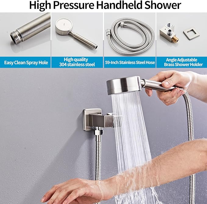 Brushed Nickel Shower Tub Faucet Set, Wall Mounted 12 Inch Shower Heads with Handheld Spray Combo and Tub Shower Faucet, Luxury Bathroom Square Rain Shower System - 4 Hooks
