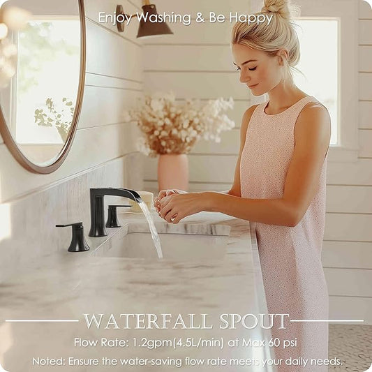 Oil Rubbed Bronze Bathroom Sink Faucet Widespread, 8 Inch Waterfall Faucet Bathroom 3 Hole with Pop-up Drain and cUPC Supply Lines, 2 Handles for Vanity, Restroom, Farmhouse, Brass Material