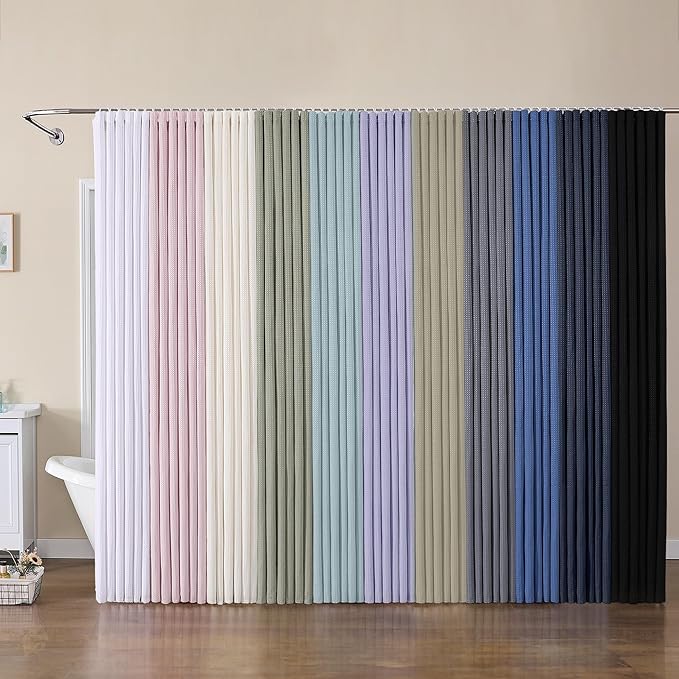 Extra Long Shower Curtain Set - 84 Inch Long Waffle Weave Heavy Duty Cloth Shower Curtain for Bathroom, Luxury Weighted 230GSM Bath Curtain Set with 12 Plastic Hooks, 72Wx84L, Glacier Blue