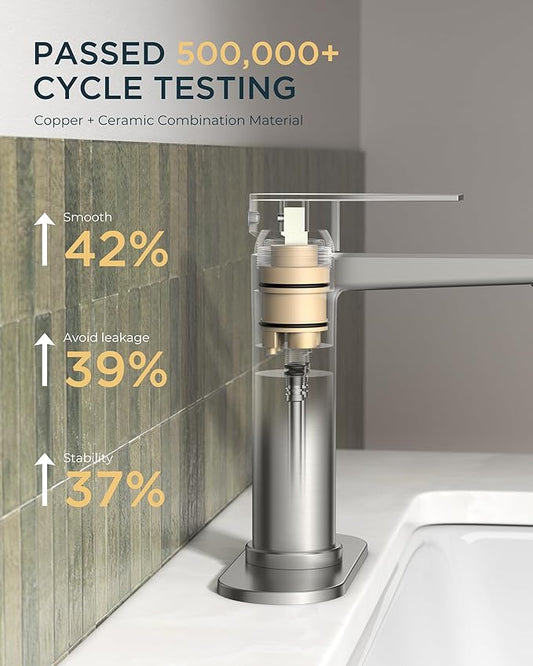 FORIOUS Brushed Nickel Bathroom Faucet 1 Hole, Single Handle Single Hole Bathroom Faucet Brushed Nickel with Deck Plate and Pop Up Drain, CUPC Hoses for One Handle Vanity Sink, Rv, Camper, Farmhouse