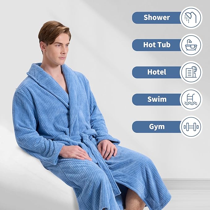 Men's Shawl Collar Bathrobe, Soft Long Towel Robe for Men - Super Absorbent Quick Dry yet Warm