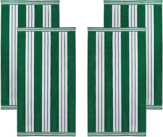 Superior Oversized Cotton Beach Towel Set of 4, Absorbent Towels for Bathroom, Beach, Pool, Swim, Adults, Kids, Vacation, Travel, Bath, Quick Dry Basics, Trip Essentials, Striped Decor, Dark Green