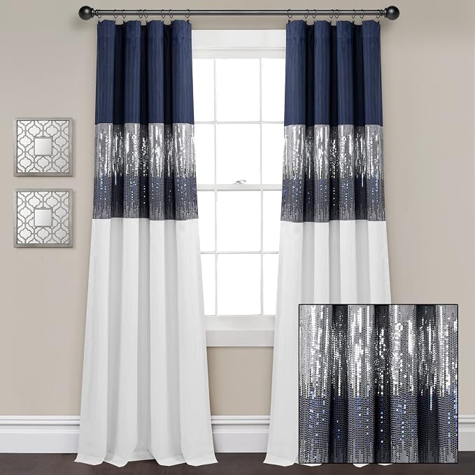Lush Decor Night Sky 100% Blackout Window Curtain Panel Single 42"W x 84"L, Navy & White - Blackout Curtains For Bedroom - Sequin Curtains - Glam Decor