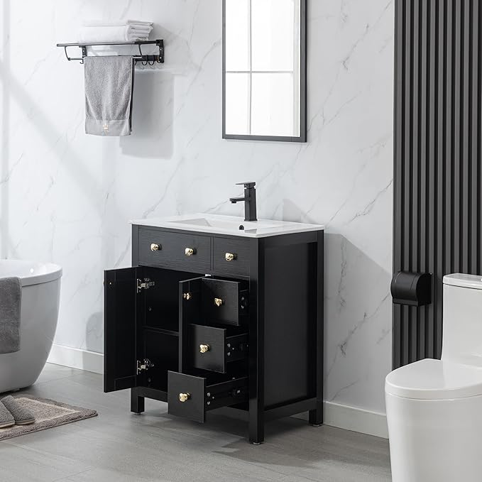 LUCKWIND 30" Bathroom Vanity with Sink, Modern Bathroom Storage Cabinet with Undercounter Sink and Wood Grain Veneer Surface, Include Faucet, No Mirror, Black