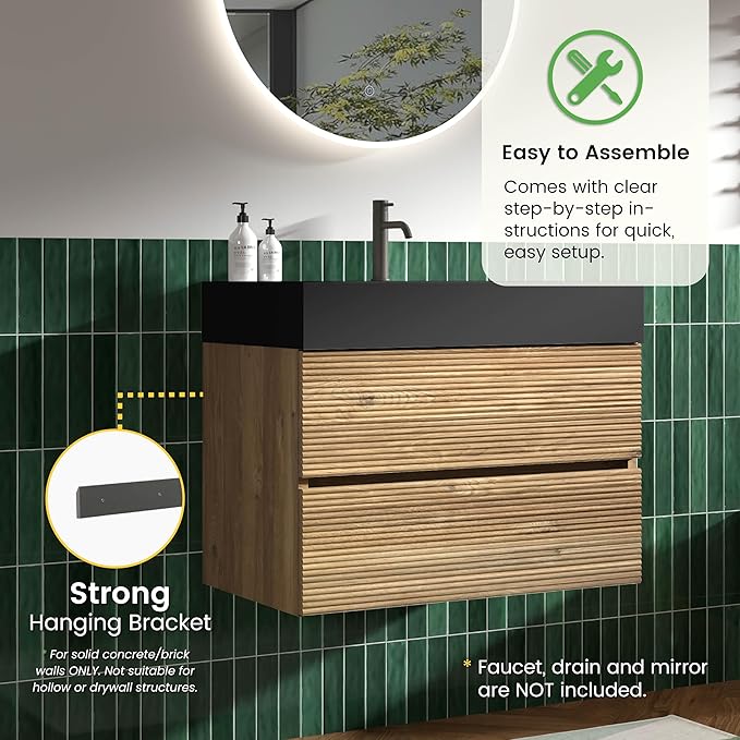 30 Inch Floating Bathroom Vanity with Black Sink, Modern Wall Mounted Floating Vanity with 2 Soft-Closing Drawers, Large Storage for Apartment, Hotel, Rough Oak