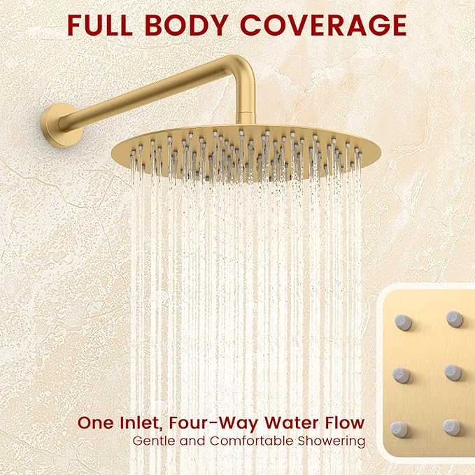 Longriver Round Shower Faucet Set with Hydro Power Temperature Display | Shower System 10" Shower Head with Handheld Spray, Wall Mounted Shower Fixtures with Shower Valve and Trim Kit, Brushed Gold