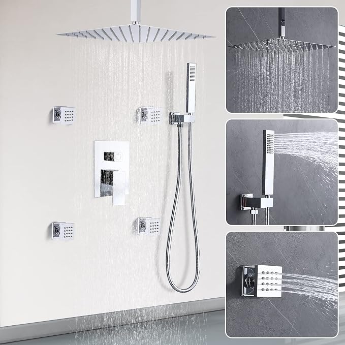 Enga Shower Body Jet System 12 Inch Ceiling Mounted Rainfall Shower Head with Body Sprays and Handheld Shower Faucet Set Rough-in Mixer Valve and Trim, Chrome