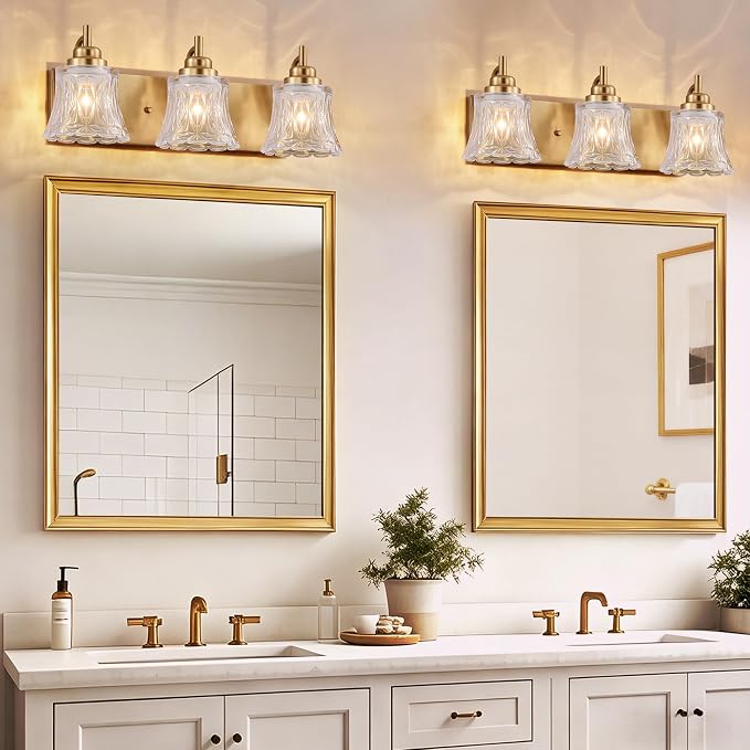 LmnLvn Brushed Gold Bathroom Light Fixtures, 3-Light Crystal Glass Shade | Mounted Over Mirror, Antique Brass Accents, Vintage Vanity Light for Bedroom & Living Room, Easy To Install
