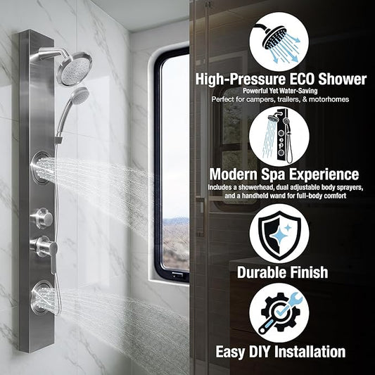 Dura Faucet (DF-SA914-SN) Premium RV Shower Panel Column – Satin Nickel, 4 Spray Options with Adjustable Body Sprayers, Overhead Shower & Handheld Wand – Water-Saving, Easy Install RV Shower System