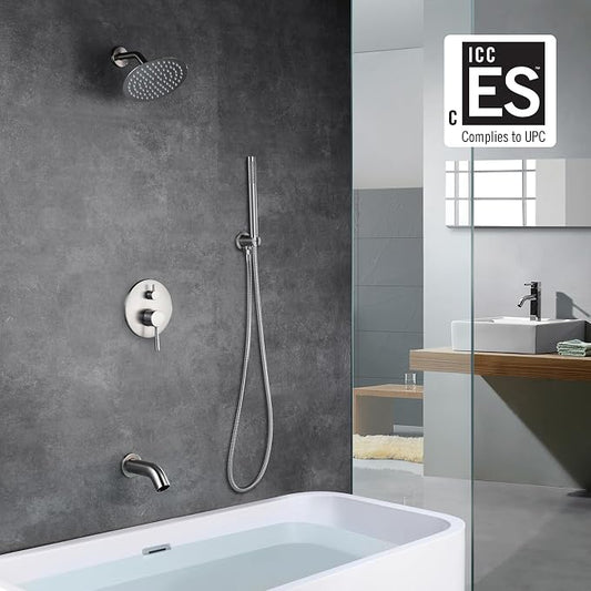 SUMERAIN Brushed Nickel Shower System with Waterfall Tub Spout | 8" Stainless Steel Rain Shower, Brass Handheld Shower, Brass Rough in Valve, Concealed Box Design