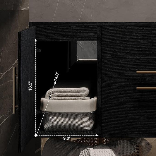 40 inch Modern Floating Bathroom Vanity with Sink, Wall Mounted Bathroom Cabinet with Ceramic Sink, Grey Sintered Stone Countertop, 2 Soft Closing Drawers & 2 Storage Cabinet, Gold Handle, Black