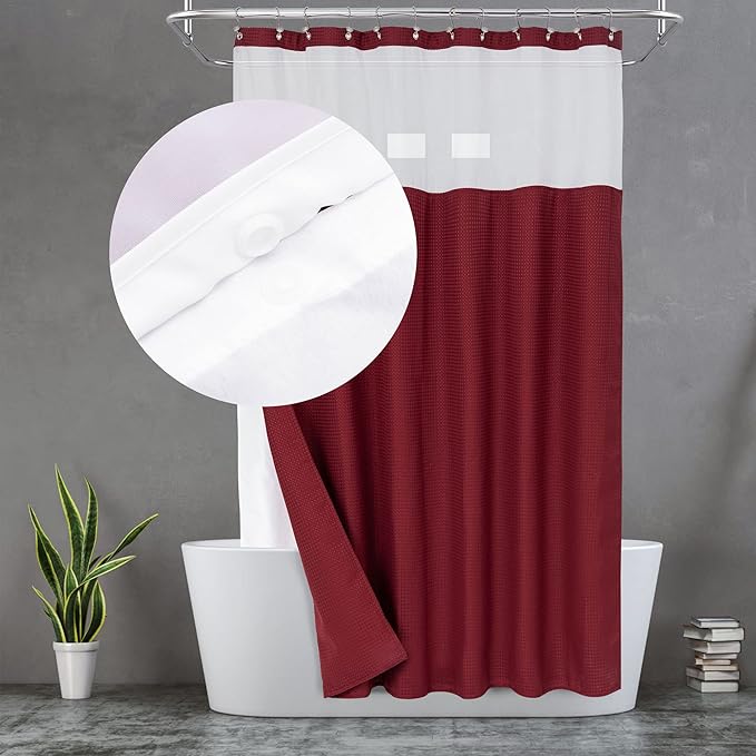 N&Y HOME Waffle Weave Shower Curtain with Snap Liner 71x72 Wine Red | 12 Metal Hooks Included, Snap on Fabric Liner, Mesh Window, Washable, Hotel Style Shower Curtain Set for Bathroom