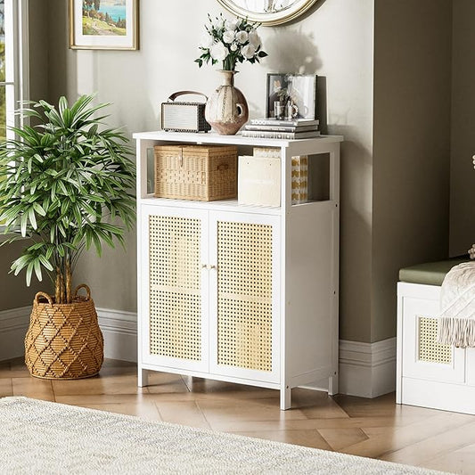 HITNET Bamboo Cabinet, Rattan Storage Cabinet with Doors, Freestanding Floor Cupboard for Bathroom, Living Room, Hallway, White