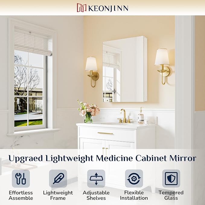 Keonjinn 24x32 Inch White Bathroom Medicine Cabinet Mirror, Tempered Glass | Assembly Needed, Freely Adjustable Shelves, Recessed or Wall-Mounted, Soft Close with DTC Hinges, Lightweight Aluminum Frame