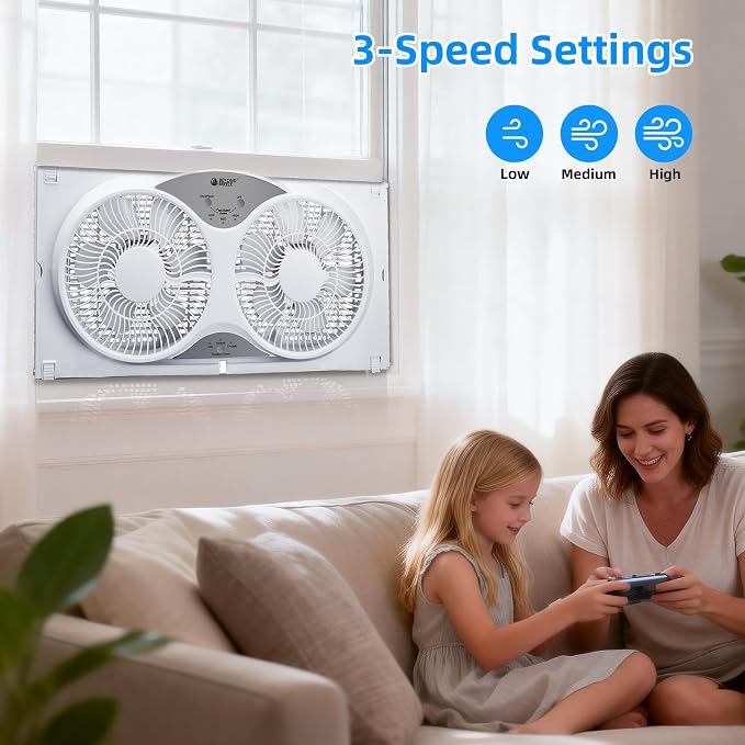 BEYOND BREEZE 9" Dual Window Fan Reversible Airflow with Exhaust and Intake | 3 Modes (Cool, Circulate, Exhaust), Vertical Twin Window Fan, Adjustable Width 23.5" to 37", Ideal for Home Kitchen