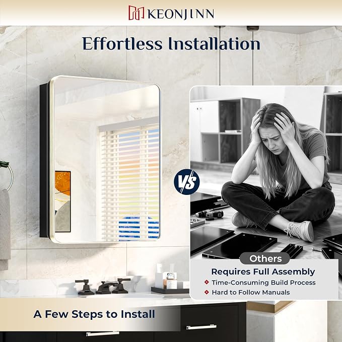 Keonjinn 60"x32" Brushed Nickel Recessed Medicine Cabinet Mirror, Oversized | Stainless Steel Framed, Adjustable Shelves, In Wall or Surface Mount, Soft Close DTC Hinge, 3 Doors Bathroom Medicine Cabinet
