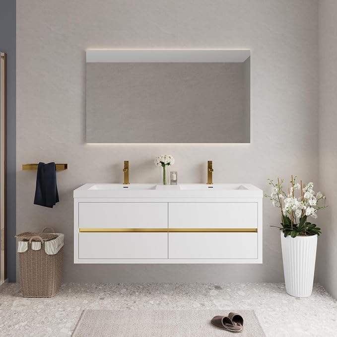 60" Floating Bathroom Vanity with Sink, Wall-Mounted Bathroom Storage Vanity Cabinet with Resin Top Basin and Soft Close Drawers, Fully Assembled, Glossy White
