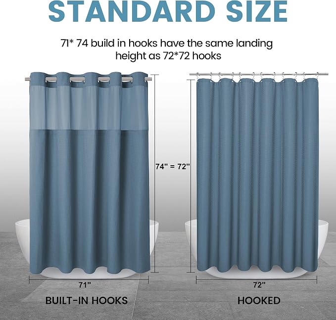 Heavyweight Waffle No Hook Shower Curtain with Liner, Moonlight Blue, 71x74 | Snap in Liner, 256GSM, Thick, Hotel Luxury Spa, Waterproof Fabric, Corner Magnets, 3 in 1 Set, Washable, Hang in Seconds