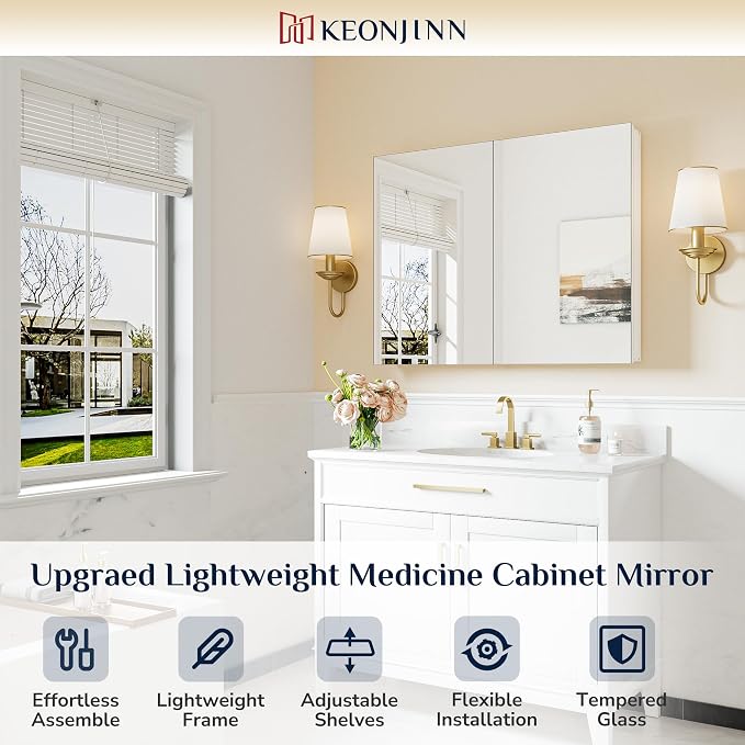 Keonjinn 40" x 32" Large White Medicine Cabinet Mirror, HD Tempered Glass | Assembly Needed, Freely Adjustable Shelves, Recessed or Wall-Mounted, Soft Close with DTC Hinges, Lightweight Aluminum Frame