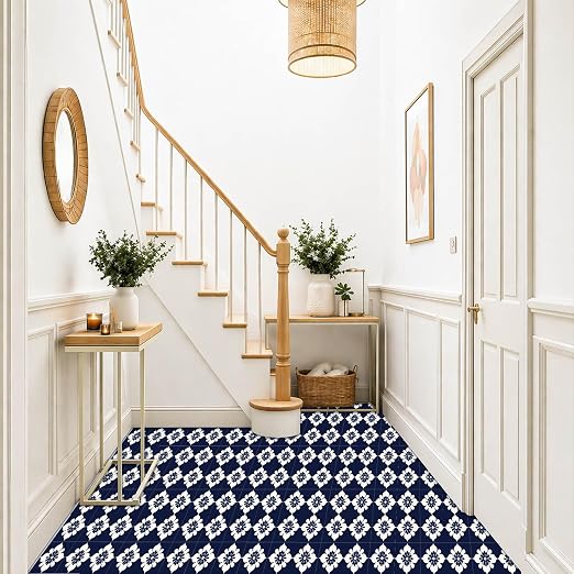 Navy Floral Peel and Stick Floor Tiles 12x12 Inch 10PCS | Navy blue and white floral tile pattern vinyl floor stickers for kitchen bathroom entryway and indoor home decor