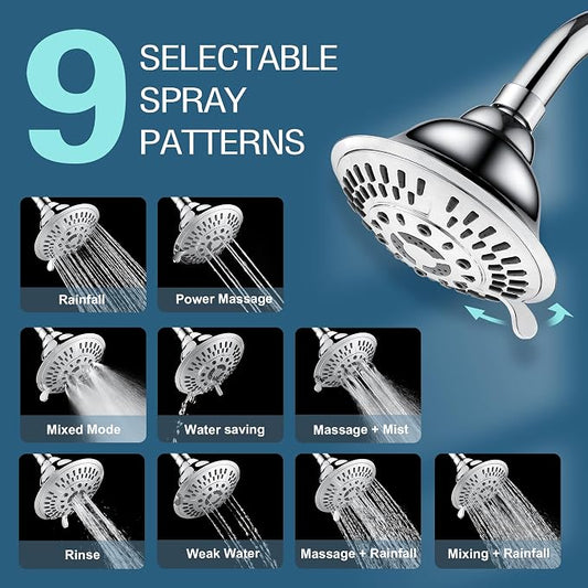BRIGHT SHOWERS High Pressure 9-Function Rain Shower Head, Luxury Bathroom Showerhead with Chrome Plated Finish, Adjustable Angles, 1-Min Installation