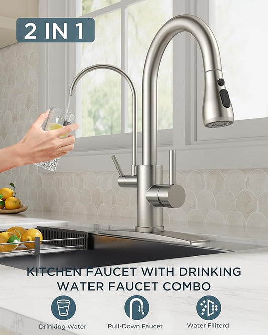 FORIOUS Kitchen Faucets with Water Filter, 2 in 1 Stainless Steel Pull Down Sink Faucet and Purified Water Faucet Rustic High Arc Single Handle with Detachable Deck for 1 or 3 Hole, Brushed Nickel