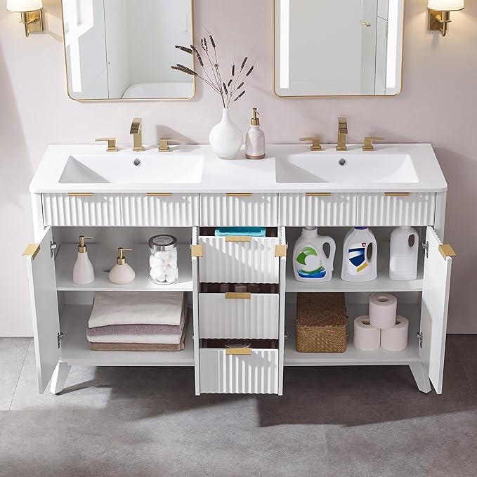 T4TREAM 60" Fluted Bathroom Vanity with Resin Sink Combo,Freestanding Modern Bathroom Storage Vanity Cabinet with Soft Closing Doors & 3 Drawers,Wood Grain Texture,Metal Handle,White