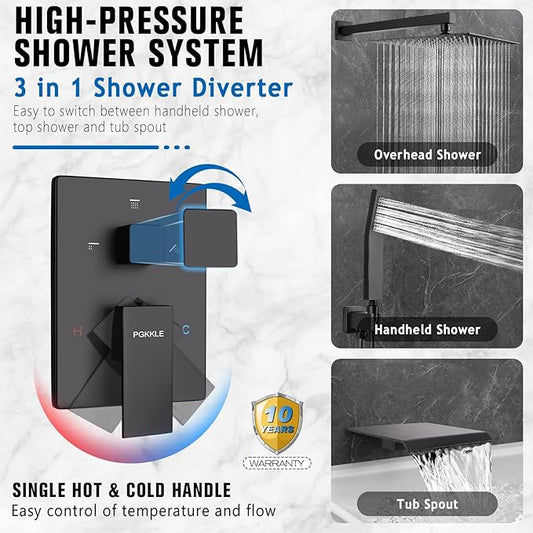 10 Inch Rainfall Shower System with Tub Spout Wall Mounted Complete Combo with Solid Brass Pressure Balancing Valve, High Pressure Shower Head, Handle Set & Installation Accessories Matte Black