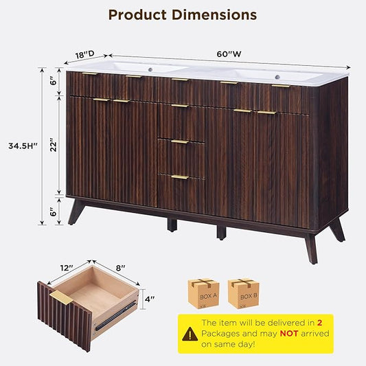 T4TREAM 60" Fluted Bathroom Vanity with Resin Sink Combo,Freestanding Modern Bathroom Storage Vanity Cabinet with Soft Closing Doors & 3 Drawers,Wood Grain Texture,Metal Handle,Dark Walnut