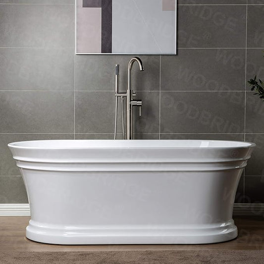 Woodbridge F0001BNRD Contemporary Single Handle Floor Mount Freestanding Tub Filler Faucet with Hand Shower in Brushed Nickel Finish