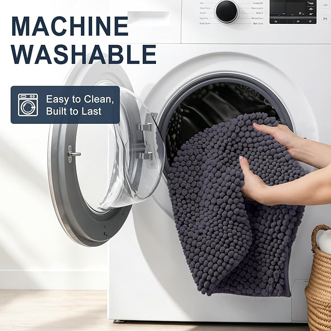 Smiry Thick Chenille Bathroom Runner Rugs 47x20, Soft Bath Mat, Dark Grey | Quick‑Dry & Machine Washable, Non‑Slip Bath Carpet, Striped Bath Rugs for Tub & Shower, Modern Home Decor Accessories