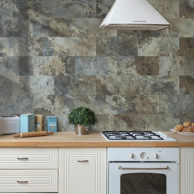 AULIGET 2-Piece Beige & Brown Slate Peel and Stick Backsplash Wall Tiles, 6" x 12" PVC Faux Stone Stick on Tiles for Kitchen Backsplash