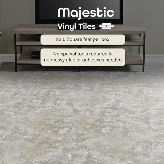 Majestic Self Adhesive 18-Inch Square Vinyl Floor Tiles, 10 Tiles - 18" x 18", Ghibli Beige Granite Pattern - Peel & Stick, DIY Flooring for Kitchen, Dining Room & Bathrooms by Achim Home Decor