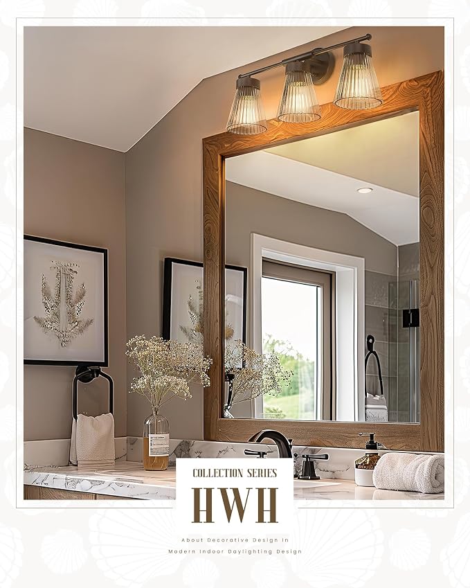 HWH Bathroom Vanity Light Fixture, Oil-Rubbed Bronze Finish, 5HZG97B-3W ORB | Clear Striped Glass Shade, 3-Light, Farmhouse, Vanity Lights Over Mirror Bathroom Lighting Fixtures, Sturdy Metal Frame