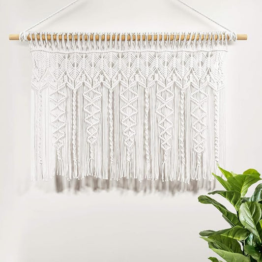 Lush Decor Boho Macrame Textured Cotton Valance, 40" W x 30" L, White - Boho Kitchen Curtains & Wall Decor - Macrame Valance - Bathroom Window Curtains