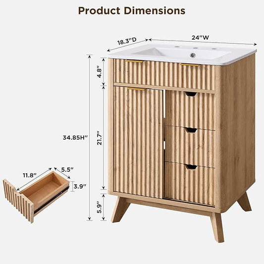 T4TREAM 24" Fluted Bathroom Vanity with Ceramic Sink Combo,Freestanding Small Modern Bathroom Storage Vanity Cabinet with Sliding Door & 3 Drawer,Wood Grain Texture,Metal Handle,Natural Oak