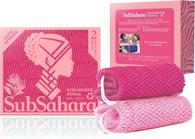 Authentic African Net Sponge, 2 Pack 45-Inch Exfoliating Bath Sponge and Shower Loofah for Body and Back, Colorfast Quick-Dry Knotted Mesh Scrubber with Travel Pouch (Dark Pink & Light Pink)