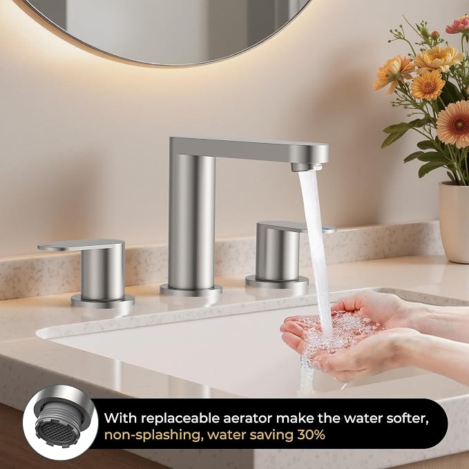 QFN Bathroom Faucet 3 Hole 8" Widespread Vanity Sink Faucet Brushed Nickel | 304 Stainless Steel Bathroom Sink Faucet with Pop-up Drain, 6-12 Inch 3 Hole Install, for RV Laundry Farmhouse Restroom Sink
