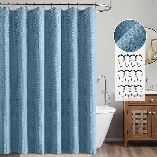 MIULEE Extra Long Waffle Weave Shower Bath Curtain 84 Inch Long with 12 Metal Hooks Modern Washable 260GSM Heavy Fabric Waterproof Thick Cloth Shower Curtains Set for Bathroom,Moonlight Blue