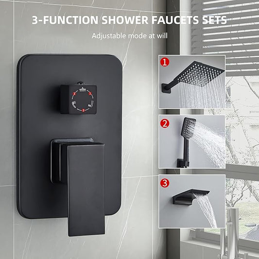 Shower Faucet Set Complete Matte Black Shower System with 8 inch Square Rainfall Shower Head 3-Function Handheld Shower Waterfall Bathtub Spout Rain Shower Combo Set Bathroom Wall Mounted