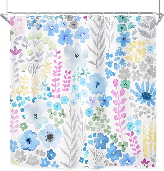 Blue Grey Floral Cute Boho Wildflower Trendy Bathroom Shower Curtain Set | 72"W x 72"H Watercolor Leaves; waterproof HD print, quick-dry fabric with 12 hooks for easy hanging.