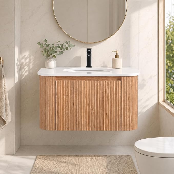 30 Inch Wall Mounted Bathroom Vanity with Ceramic Sink, Pre-Assembled Floating Vanity Cabinet with Marble Countertop, Wave Texture Finish & Drawer, Wood