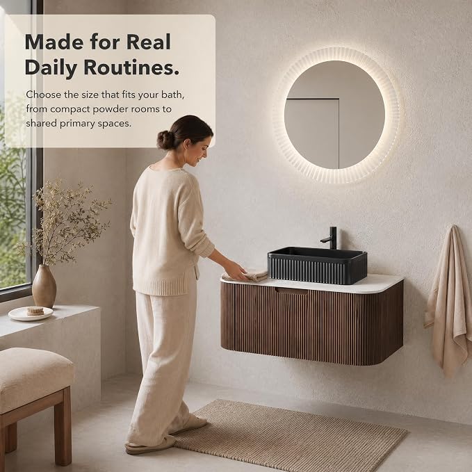 36 Inch Bathroom Vanity with Sink, Floating Wall Mounted Single Sink Vanity, Dark Walnut Curved Fluted Front, Stone Top, Black Textured Rectangular Vessel Basin, Pre-Assembled