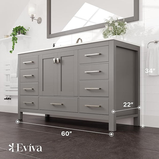 Eviva Aberdeen 60 in. Gray Single Sink Bath Vanity with Carrara Quartz Top and Undermount Porcelain Sink