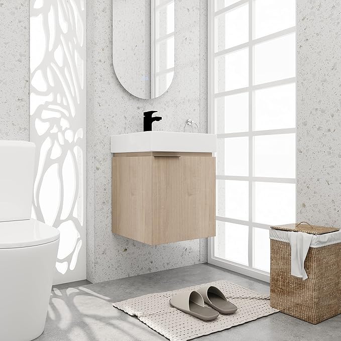 18 Inch Bathroom Vanity with Sink,Wall Mounted Bathroom Vanity Sink Combo with Soft Close Door for Small Space,Modern Floating Bathroom Vanity with Top Basin & Storage Cabinet